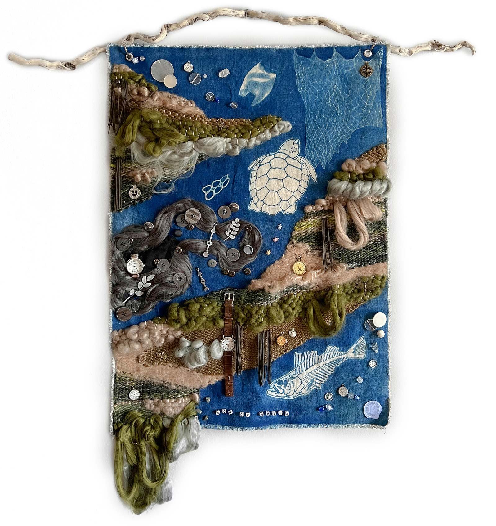 mixed media tapestry, gren fibres being land and blue cyanotype being water